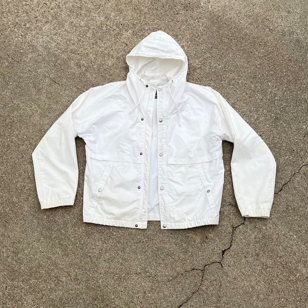 90s Vintage Minimal White Cotton Field Coat Hooded Jacket Medium Women’s